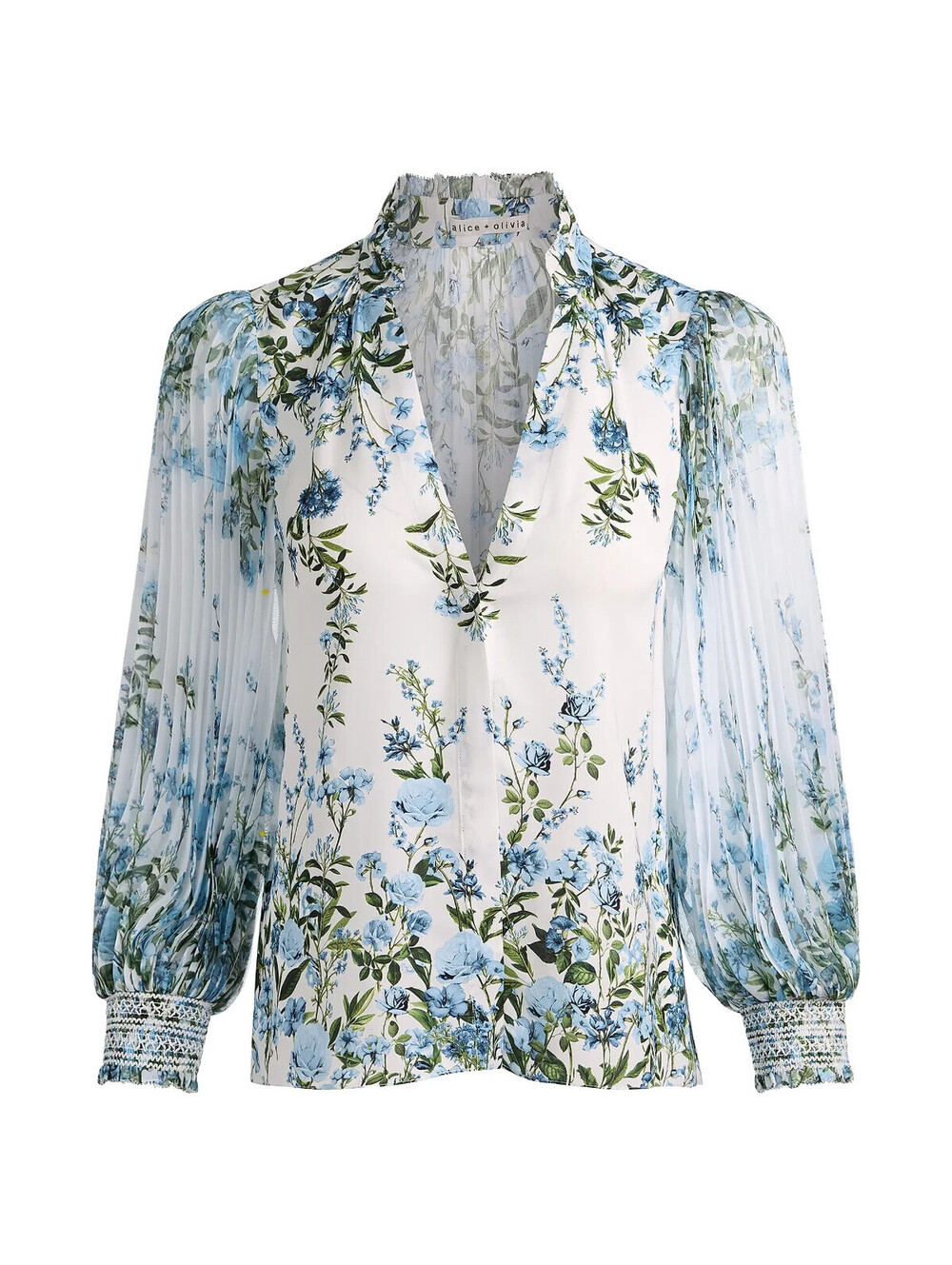 NEW Alice & Olivia Willa Ilan Pleated Blouson-Sleeve Blouse in Blue Sz L #T4015